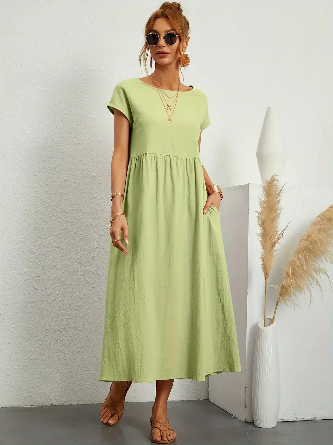 Robe d'été midi décontractée à col rond pour femme – Robe légère de loisirs