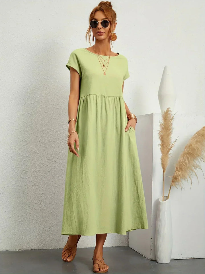 Robe d'été midi décontractée à col rond pour femme – Robe légère de loisirs