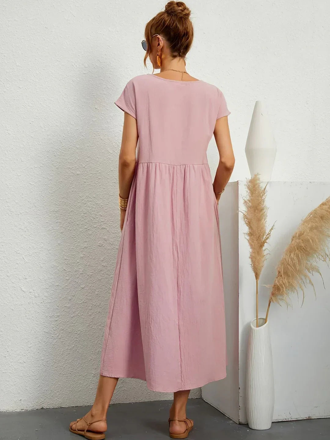 Robe d'été midi décontractée à col rond pour femme – Robe légère de loisirs