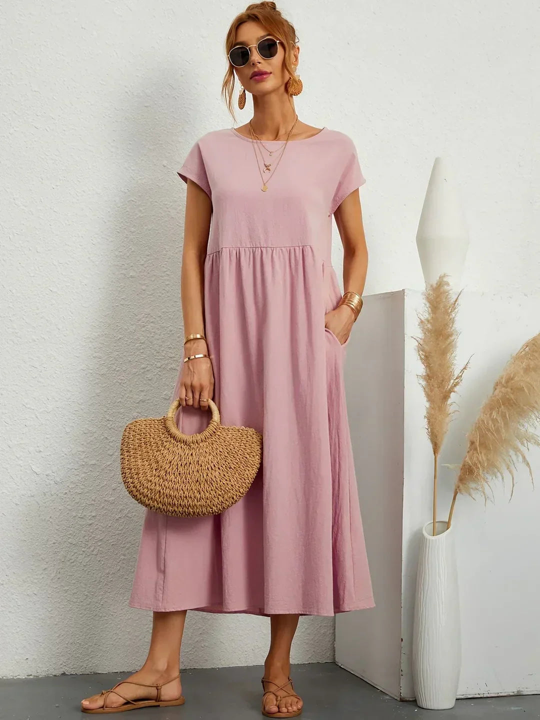 Robe d'été midi décontractée à col rond pour femme – Robe légère de loisirs