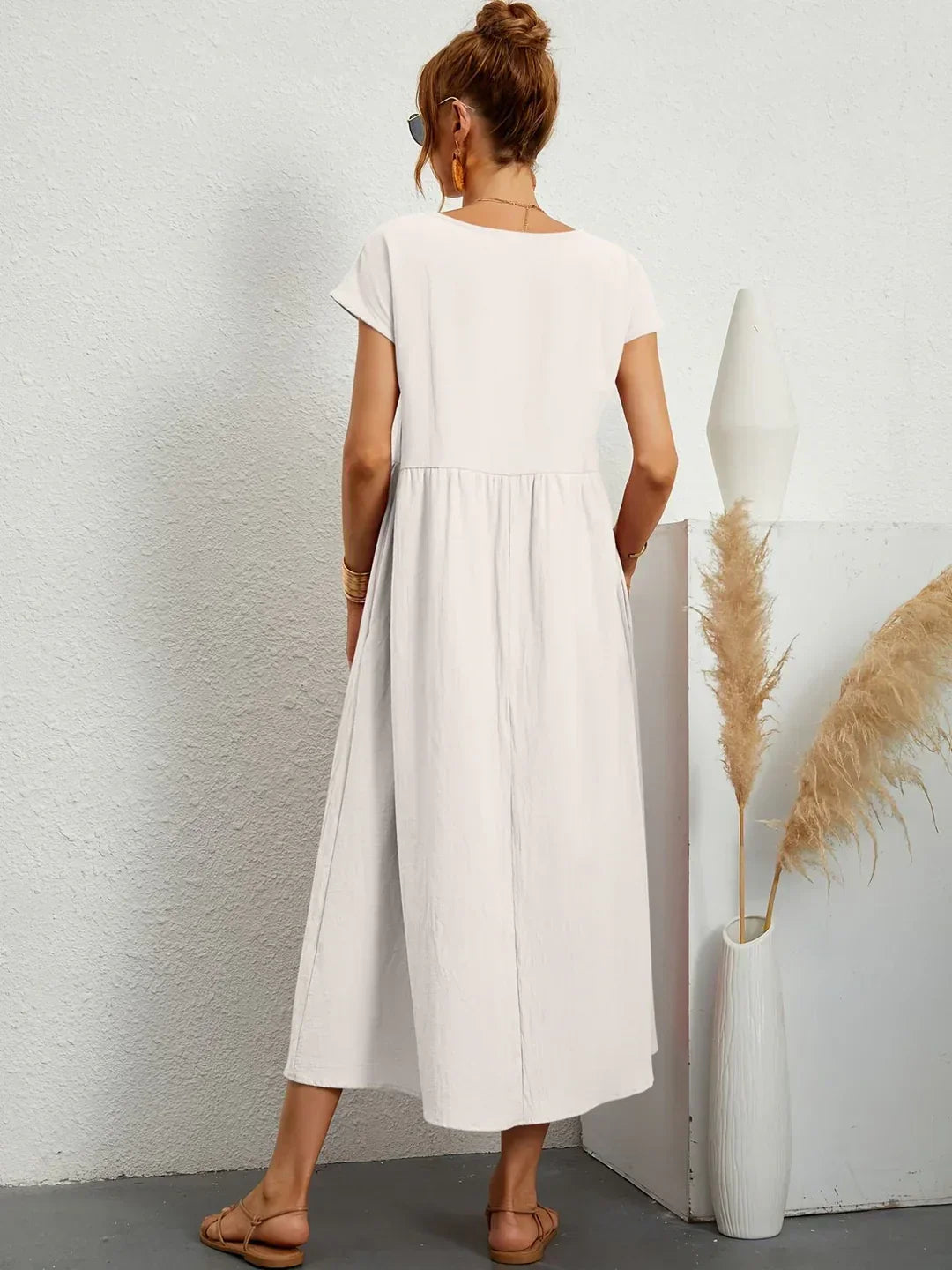Robe d'été midi décontractée à col rond pour femme – Robe légère de loisirs