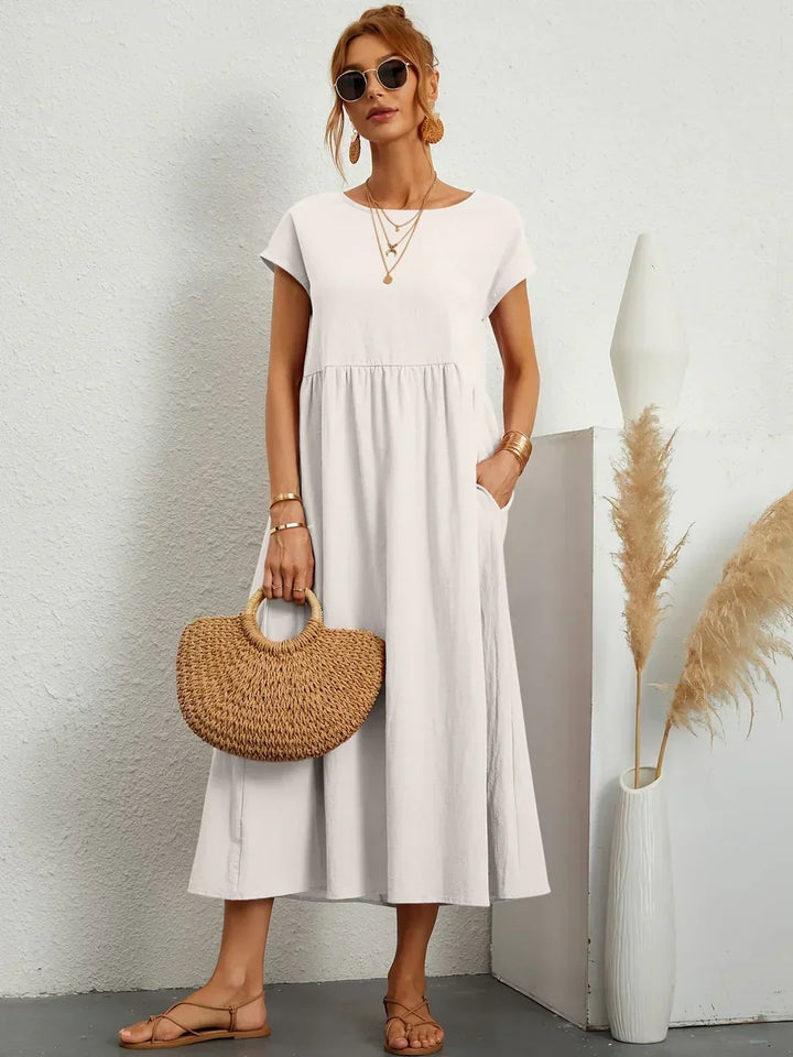 Robe d'été midi décontractée à col rond pour femme – Robe légère de loisirs