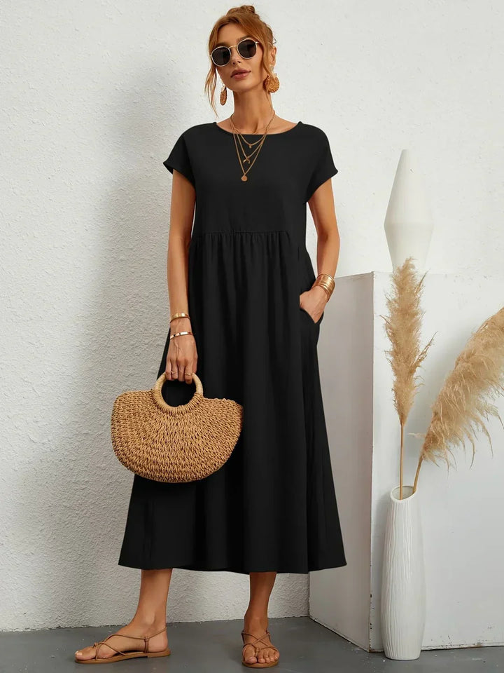 Robe d'été midi décontractée à col rond pour femme – Robe légère de loisirs