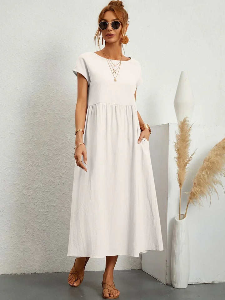 Robe d'été midi décontractée à col rond pour femme – Robe légère de loisirs