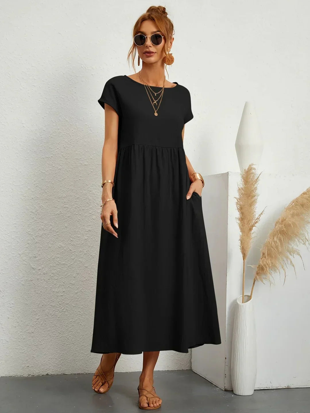 Robe d'été midi décontractée à col rond pour femme – Robe légère de loisirs