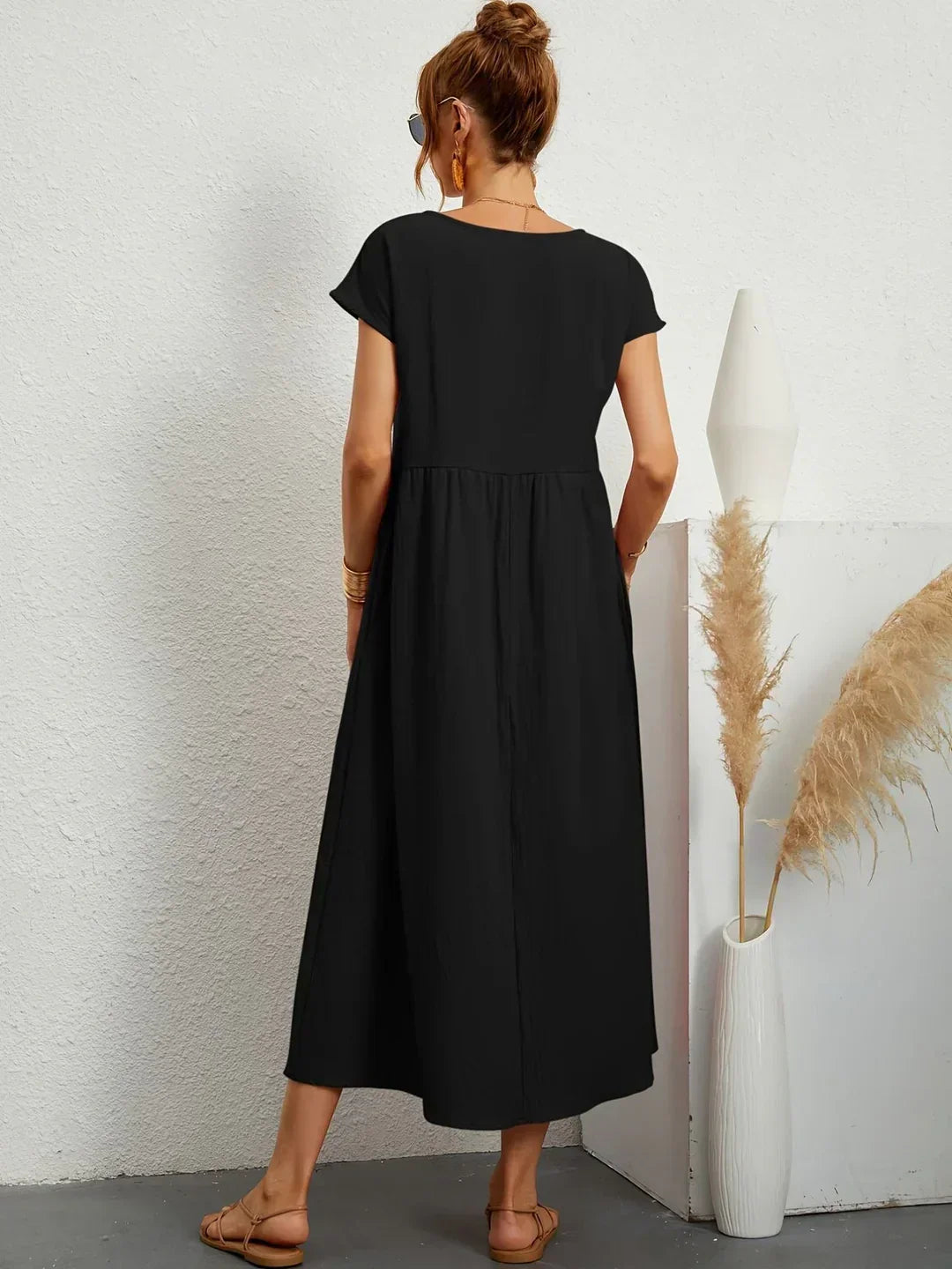 Robe d'été midi décontractée à col rond pour femme – Robe légère de loisirs