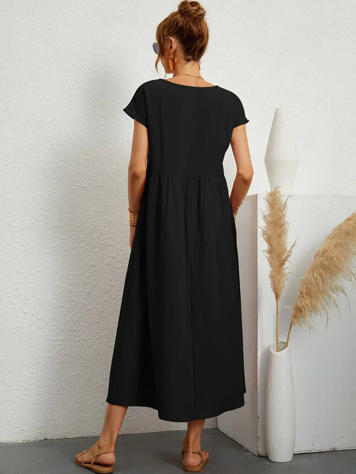 Robe d'été midi décontractée à col rond pour femme – Robe légère de loisirs