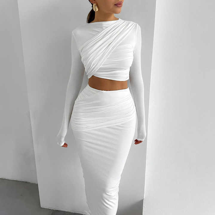 Women's Two-Piece – Ribbed Stretch Material – Long Sleeve & Wrap Crop Top
