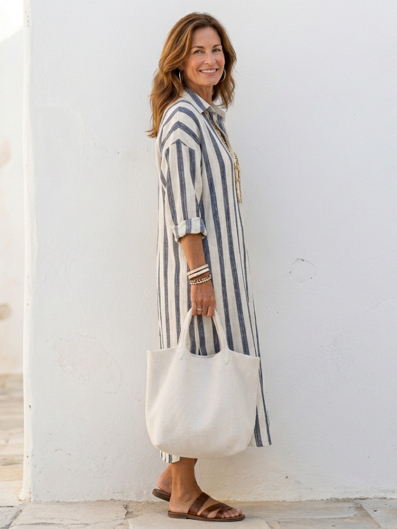 Women's Midi Dress with Long Sleeves and Stripes – Classic Casual-Elegant Style