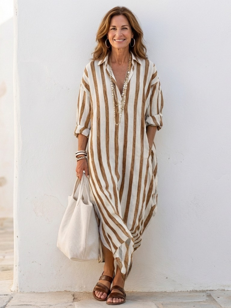 Women's Midi Dress with Long Sleeves and Stripes – Classic Casual-Elegant Style