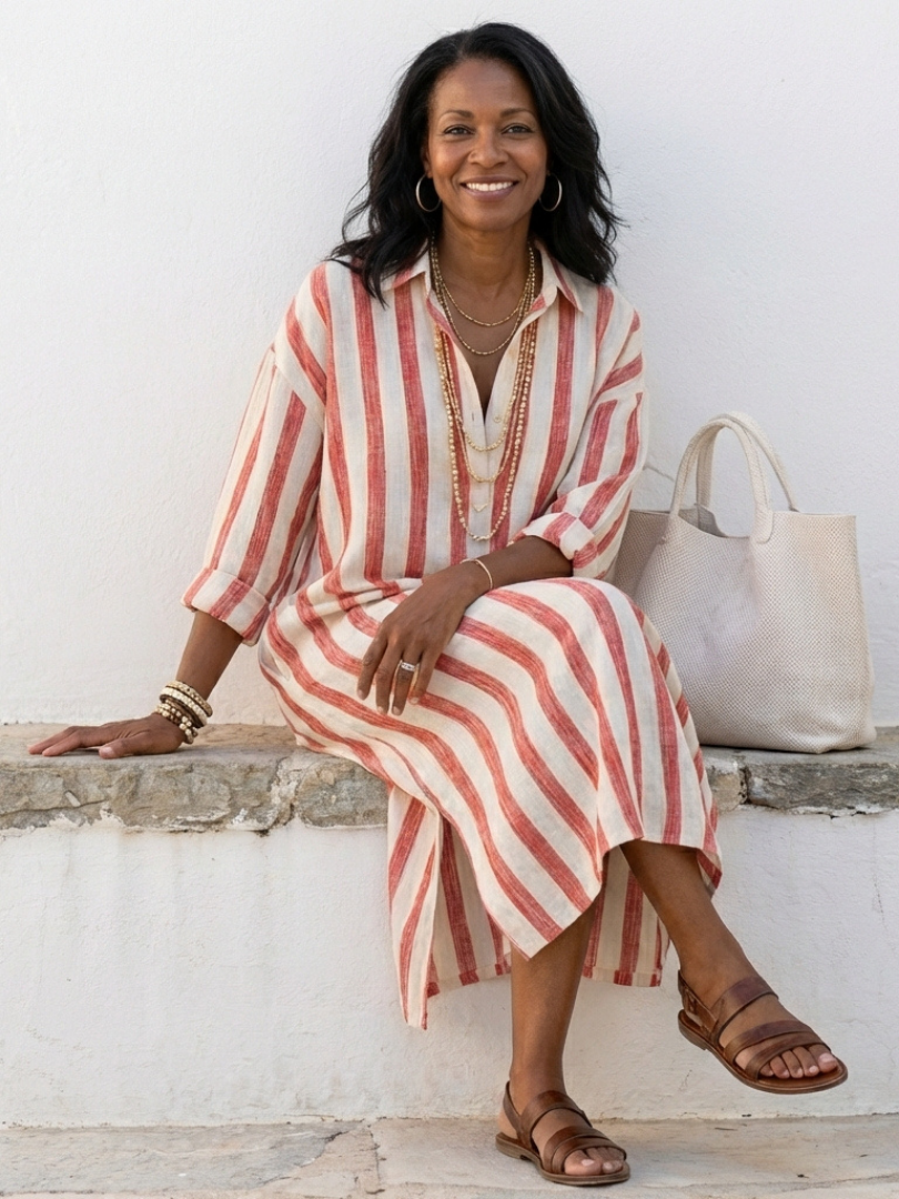 Women's Midi Dress with Long Sleeves and Stripes – Classic Casual-Elegant Style