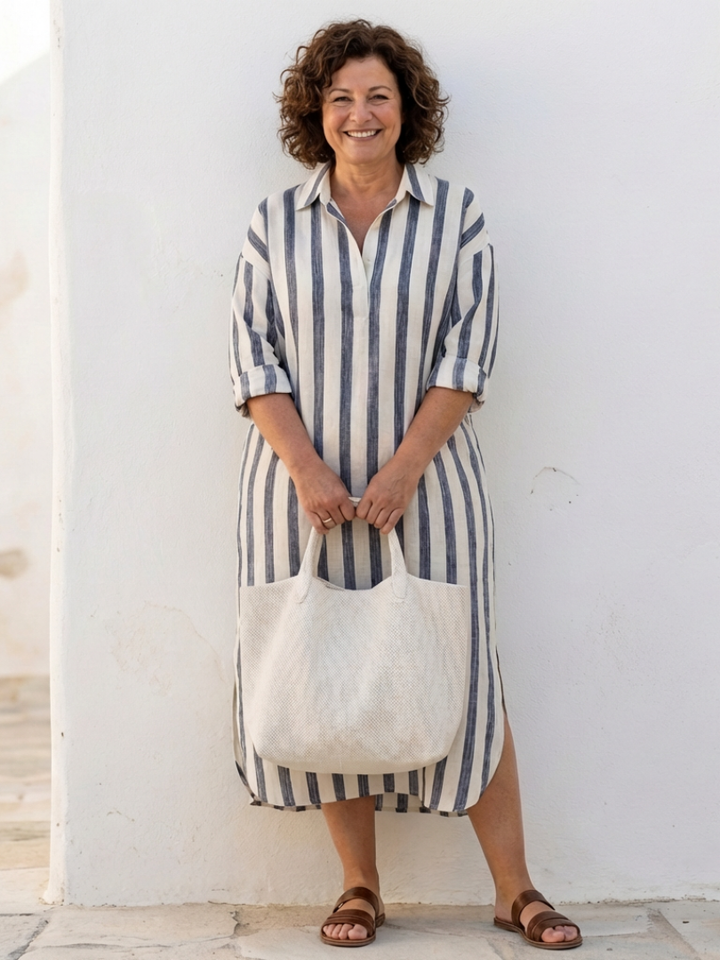Women's Midi Dress with Long Sleeves and Stripes – Classic Casual-Elegant Style