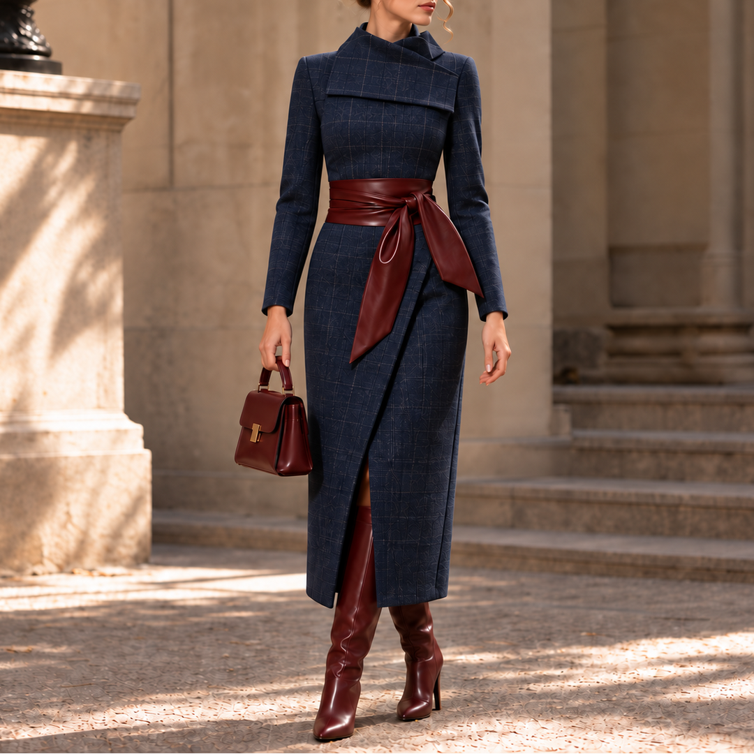 Damen Wickelkleid Struktur-Strick Midi