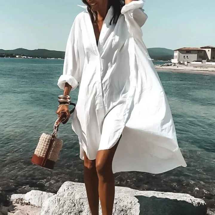 Women's cotton shirt dress with buttons and waist tie – summer look