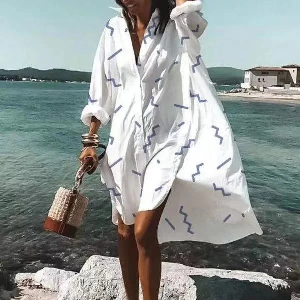 Women's cotton shirt dress with buttons and waist tie – summer look