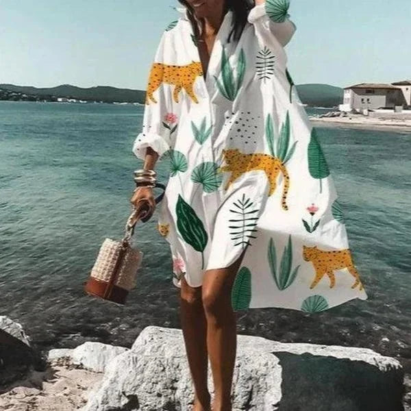 Women's cotton shirt dress with buttons and waist tie – summer look