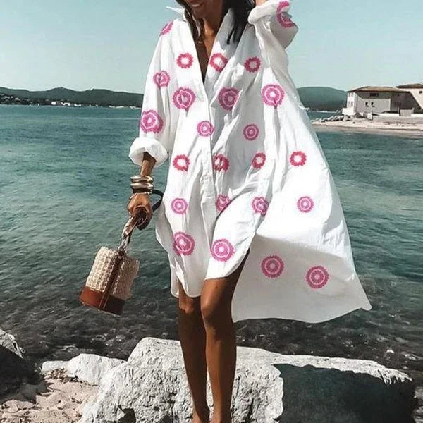 Women's cotton shirt dress with buttons and waist tie – summer look