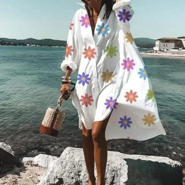 Women's cotton shirt dress with buttons and waist tie – summer look