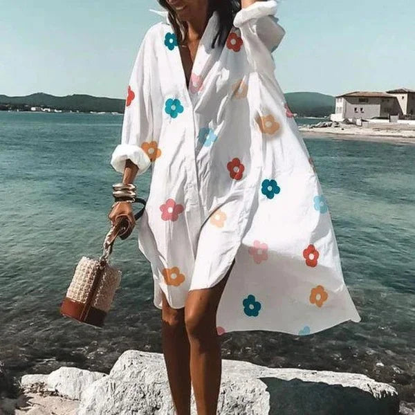 Women's cotton shirt dress with buttons and waist tie – summer look