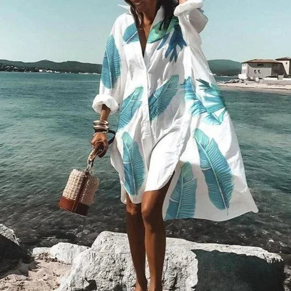 Women's cotton shirt dress with buttons and waist tie – summer look
