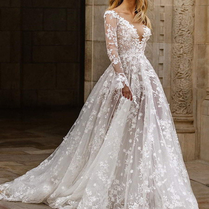 Vestido de novia elegante para mujer con escote en V profundo y aplicaciones de encaje floral – Vestido de novia romántico