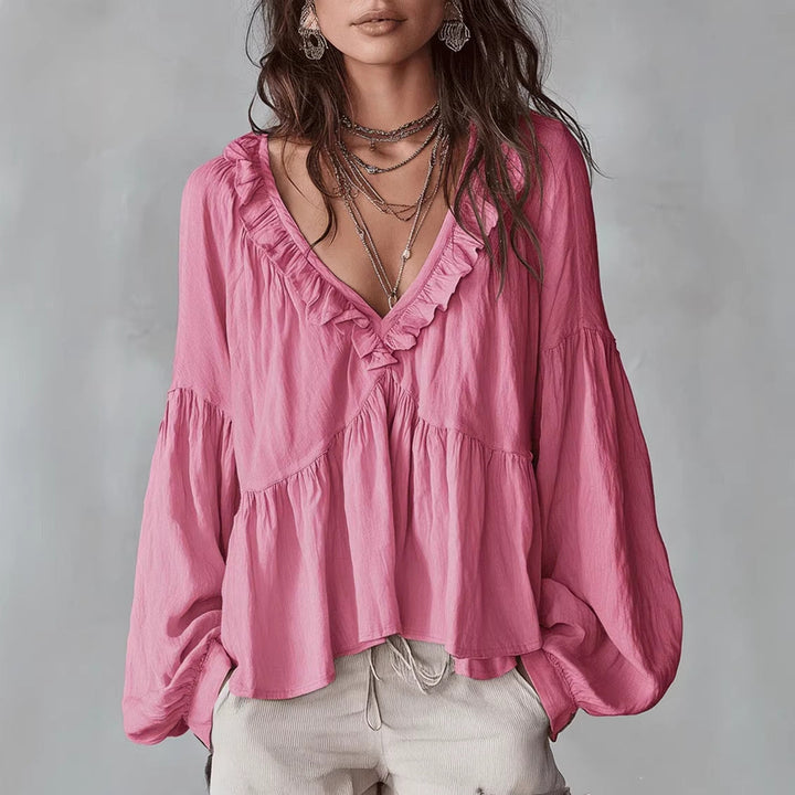 Women's Flowing Top with Ruching and V-Neck – Casual Elegant Blouse
