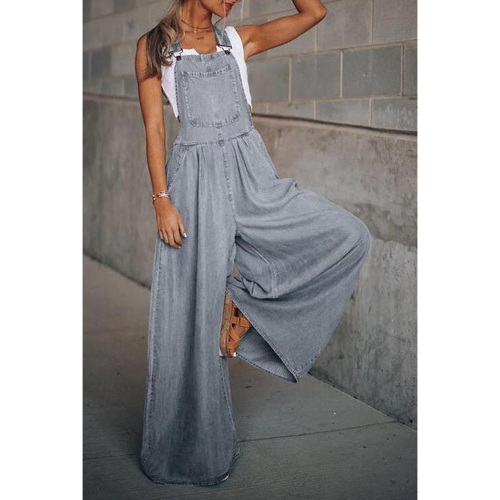 Women's denim overalls with wide legs and adjustable straps