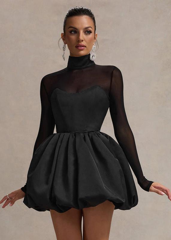 Women's mini dress made of satin with puff skirt and V-neckline