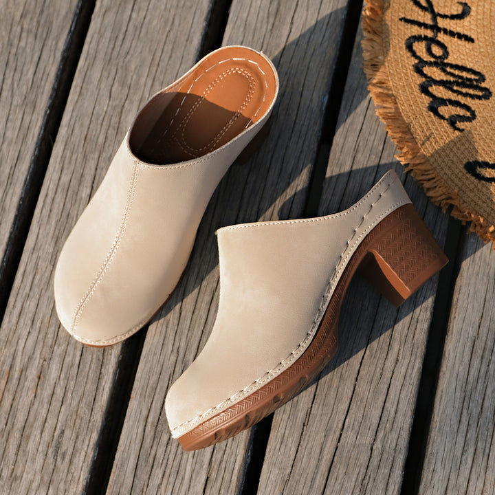 Women's Black Suede-Look Block Heel Mules with White Stitching