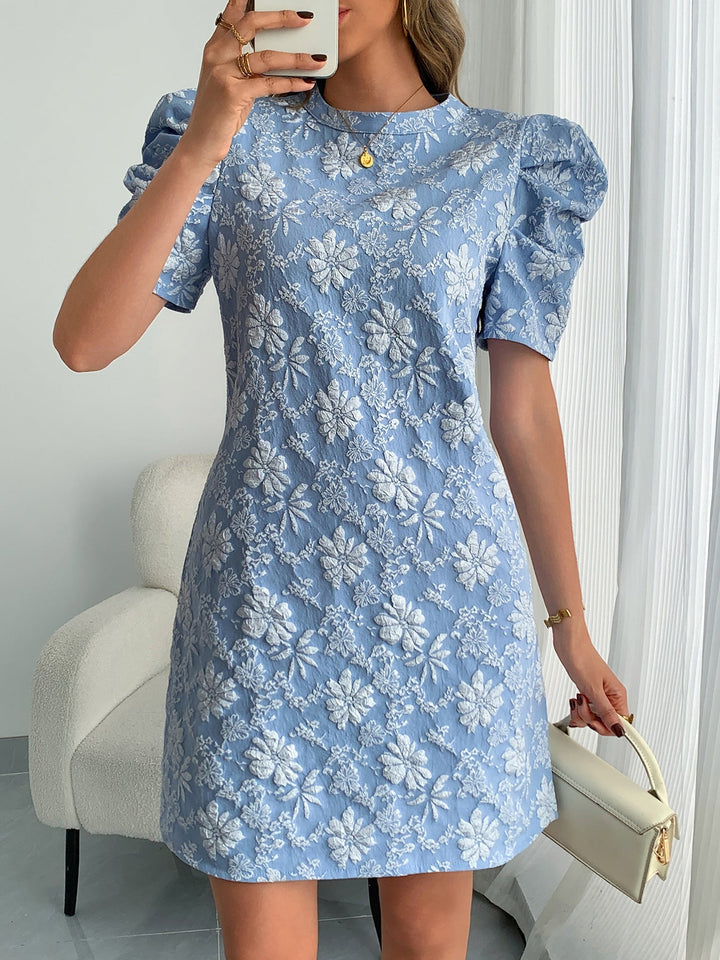 Women's Elegant Blue Textured Floral Mini Dress – Stylish Party Fashion