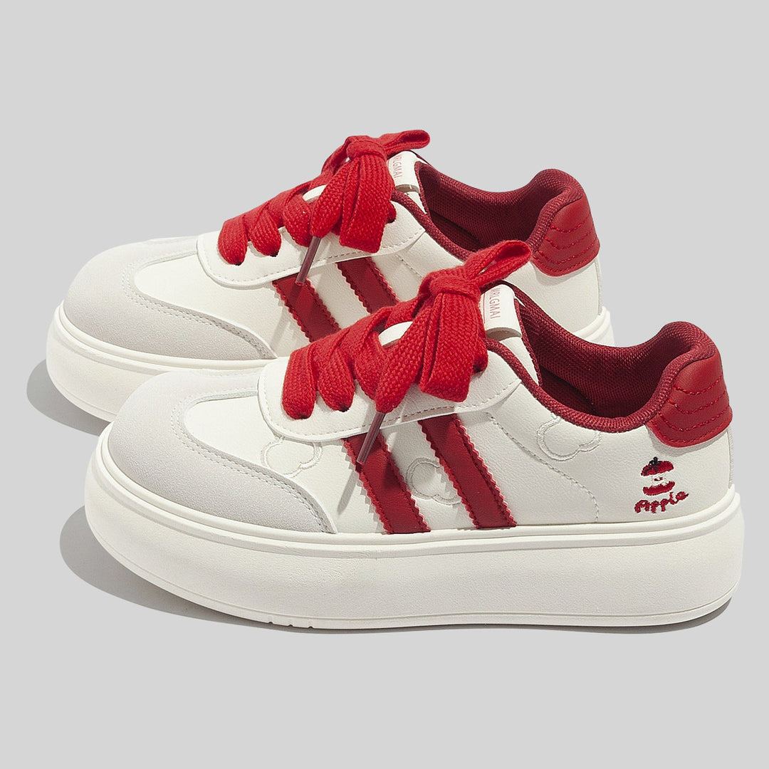 Damen Trendige Schnürbare Wildleder Sneaker Mit Roten Schnürsenkeln