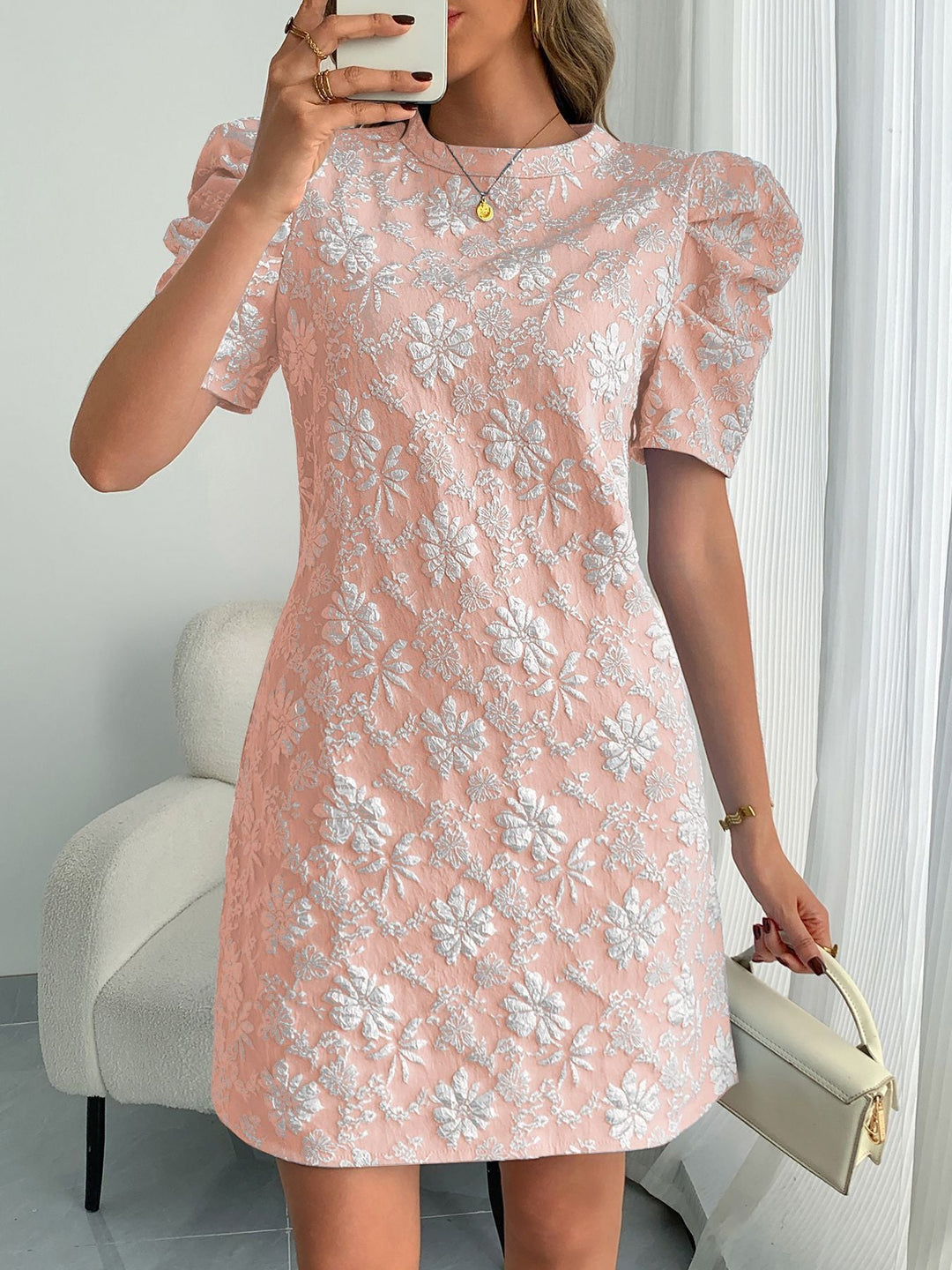 Women's Elegant Blue Textured Floral Mini Dress – Stylish Party Fashion