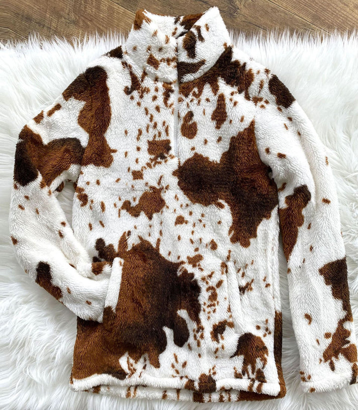 Sudadera de borreguillo para mujer con estampado de vaca y cremallera de un cuarto