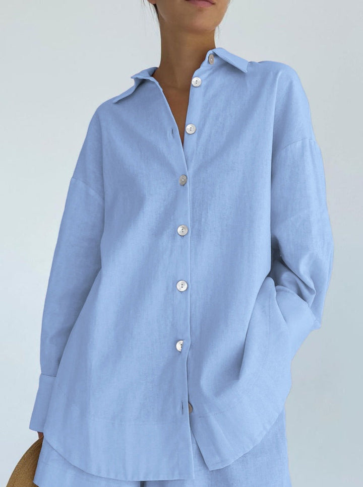 Ensemble en coton pour femmes avec blouse oversize et pantalon décontracté