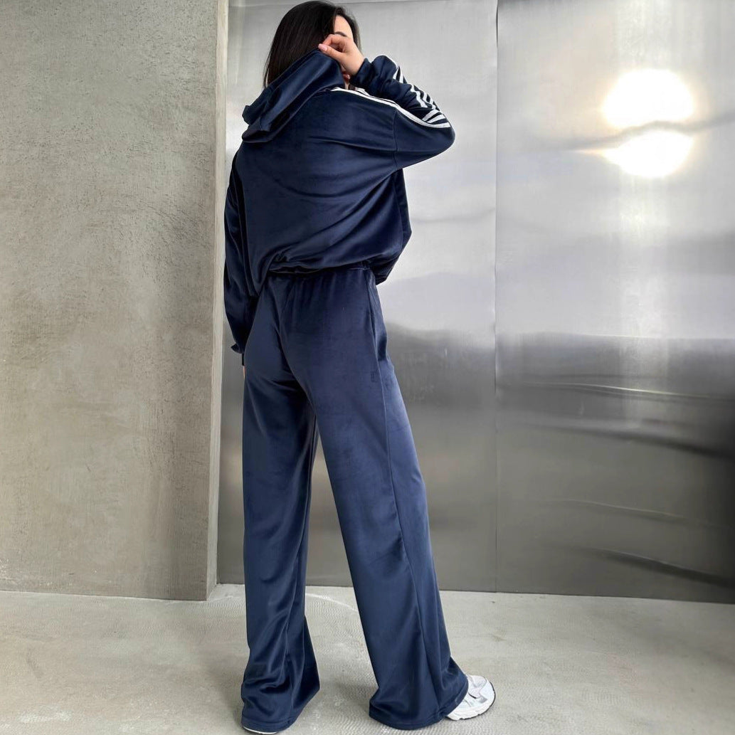 Damen Samt Hoodie Und Weite Hose Set – Bequemes Lounge Outfit