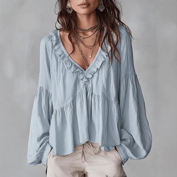 Women's Flowing Top with Ruching and V-Neck – Casual Elegant Blouse