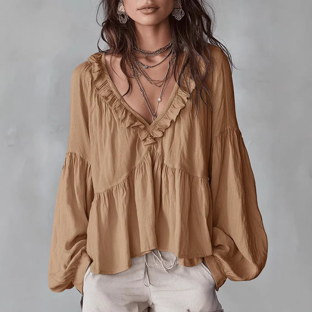 Women's Flowing Top with Ruching and V-Neck – Casual Elegant Blouse