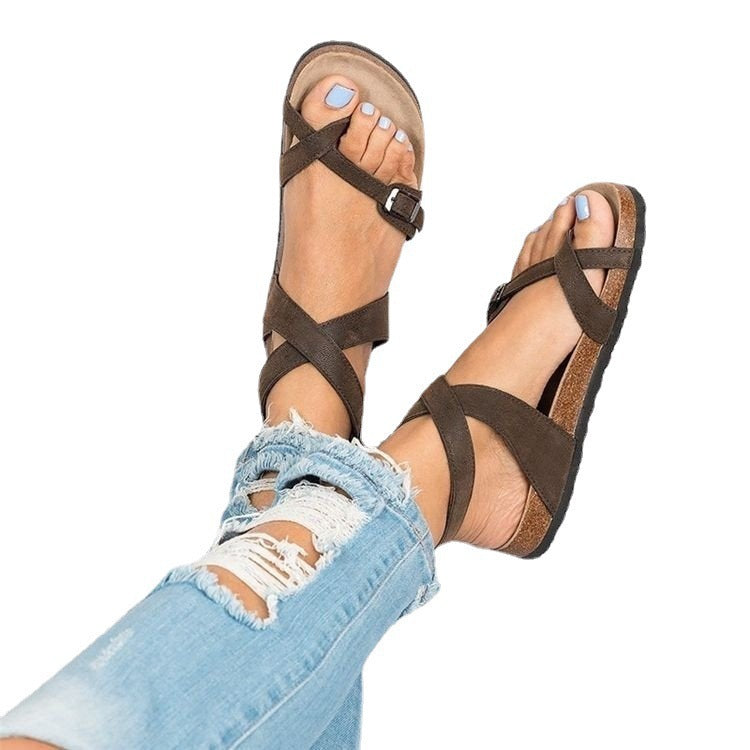 Women's Open Leather Sandals With Crossed Straps – Elegant Comfort Fit