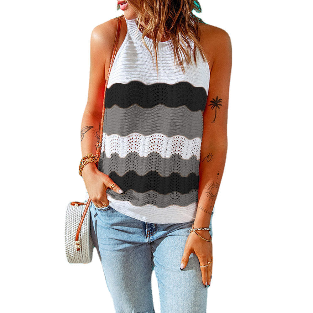 Top tricoté sans manches pour femme – Débardeur d'été à motif ondulé coloré