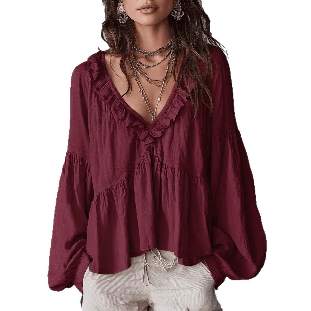 Women's Flowing Top with Ruching and V-Neck – Casual Elegant Blouse
