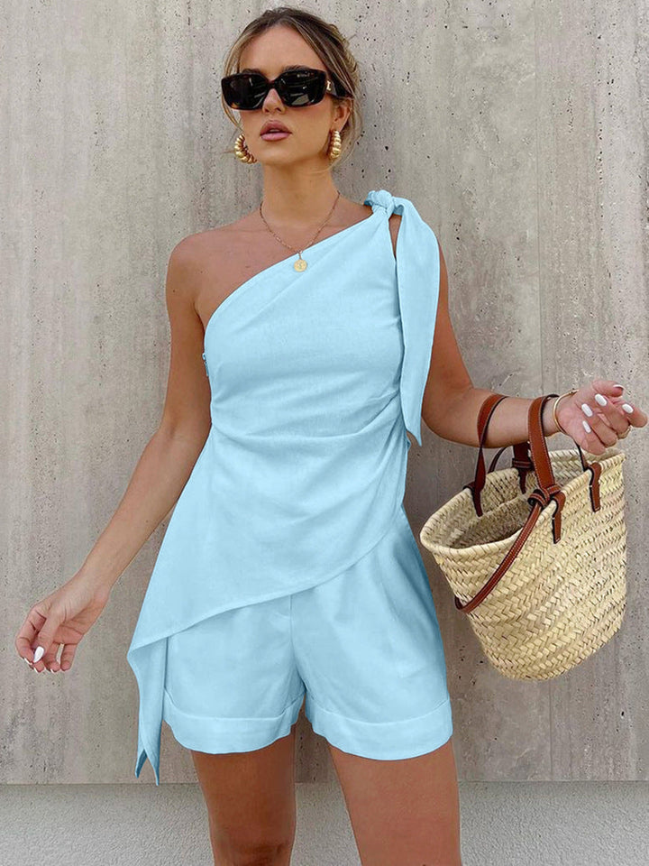 Damen Zweiteiler – Leichter Stoff – One-Shoulder-Top & Shorts – Sommer-Look