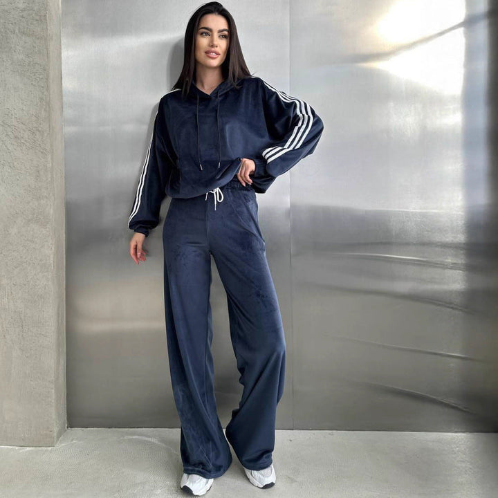 Damen Samt Hoodie Und Weite Hose Set – Bequemes Lounge Outfit