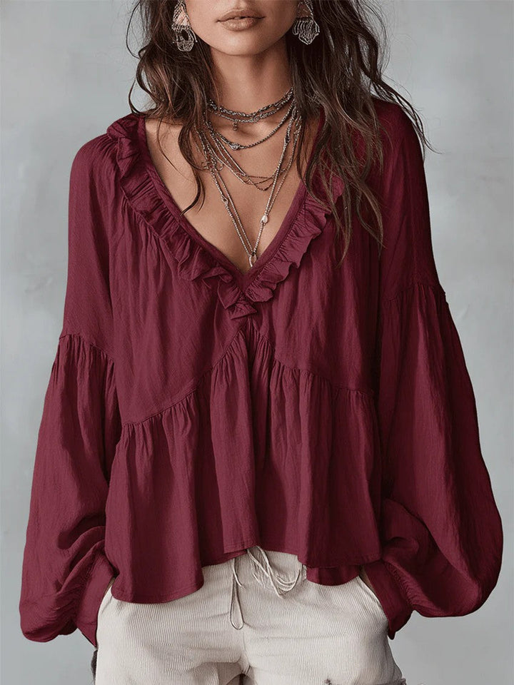Women's Flowing Top with Ruching and V-Neck – Casual Elegant Blouse