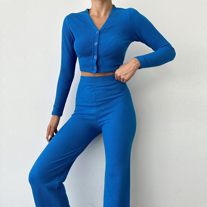 Conjunto de crop top ajustado para mujer y pantalones de cintura alta – conjunto de dos piezas con botones