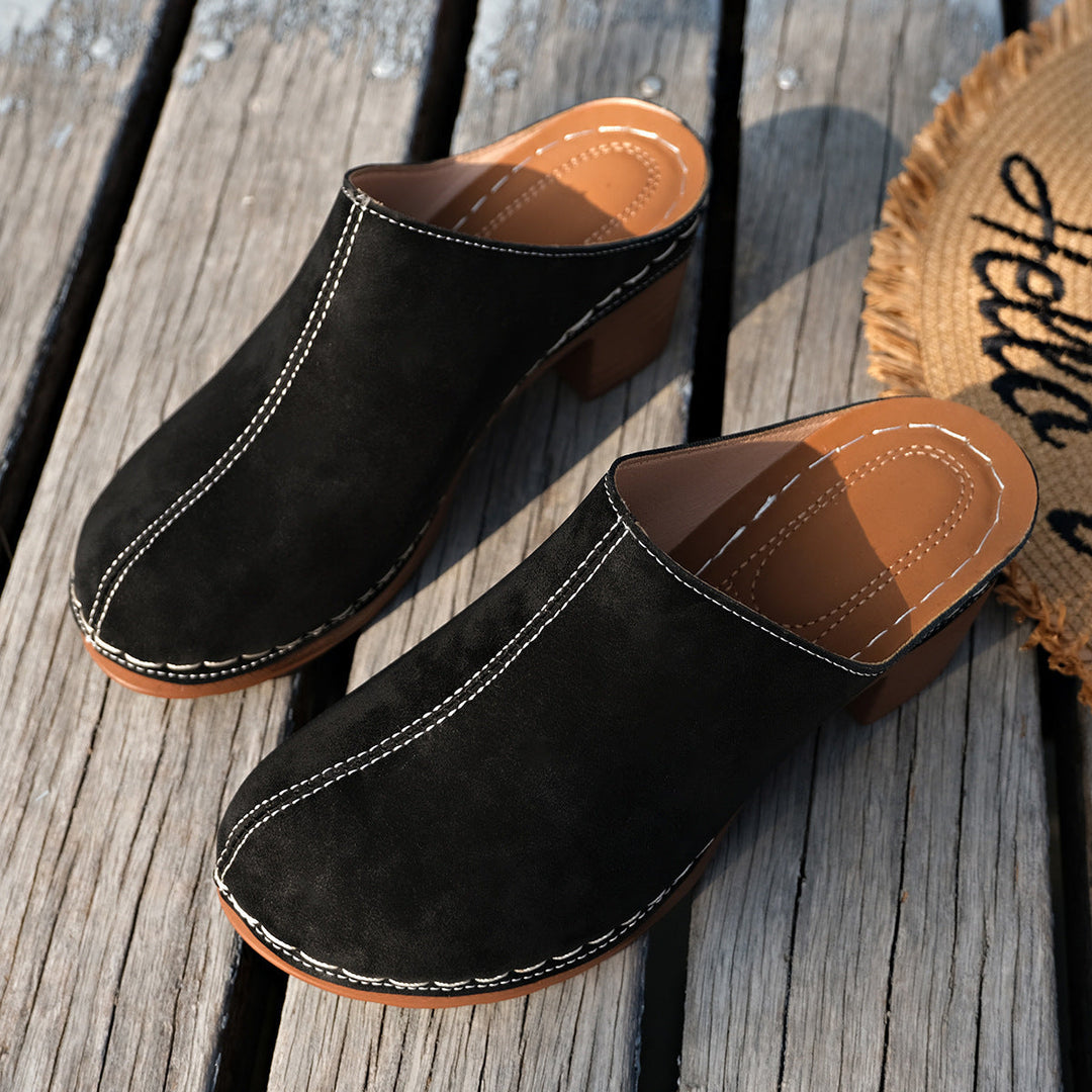 Women's Black Suede-Look Block Heel Mules with White Stitching