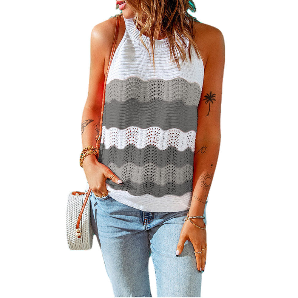 Top tricoté sans manches pour femme – Débardeur d'été à motif ondulé coloré