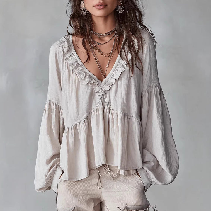 Women's Flowing Top with Ruching and V-Neck – Casual Elegant Blouse