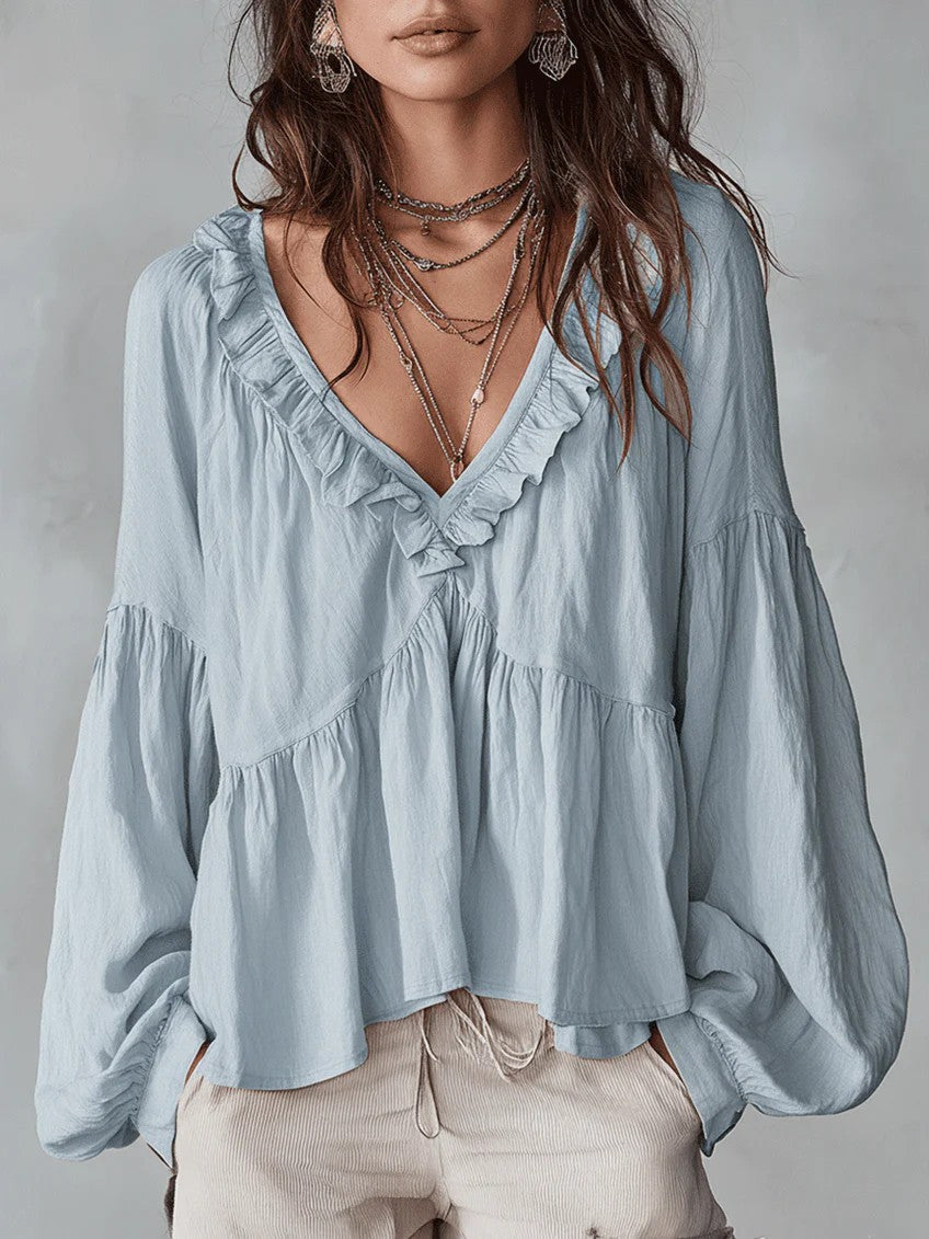 Women's Flowing Top with Ruching and V-Neck – Casual Elegant Blouse