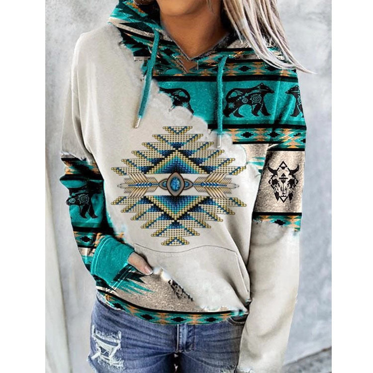 Damen Hoodie mit geometrischem Druck, Kordelzug und Kängurutasche