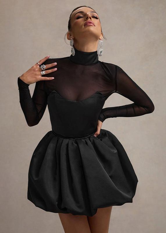 Women's mini dress made of satin with puff skirt and V-neckline